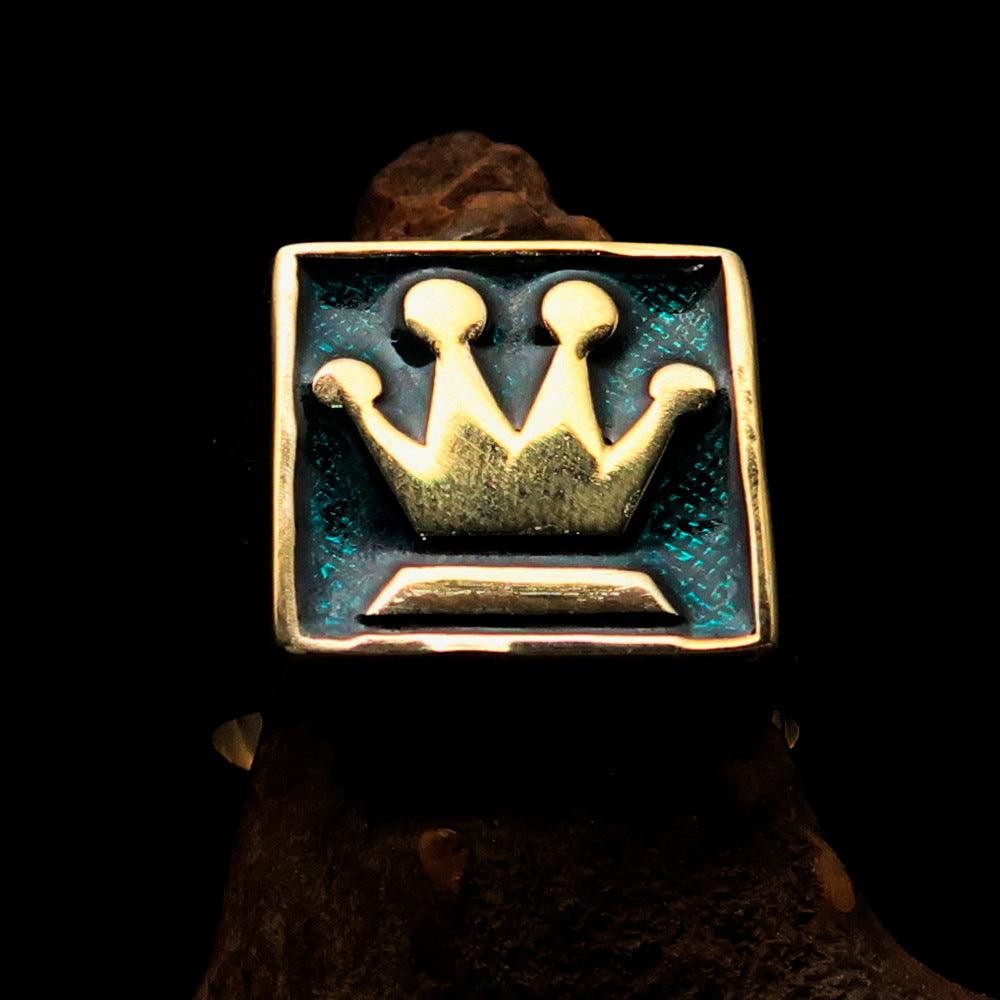 Men's Chess Player Ring featuring a Queen's Crown design with blue enamel, crafted from solid brass.