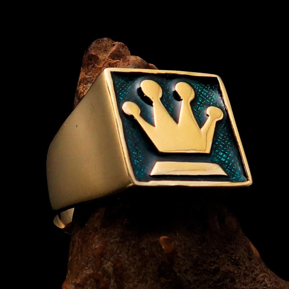 Men's Chess Player Ring featuring a Queen's Crown design with blue enamel, crafted from solid brass.