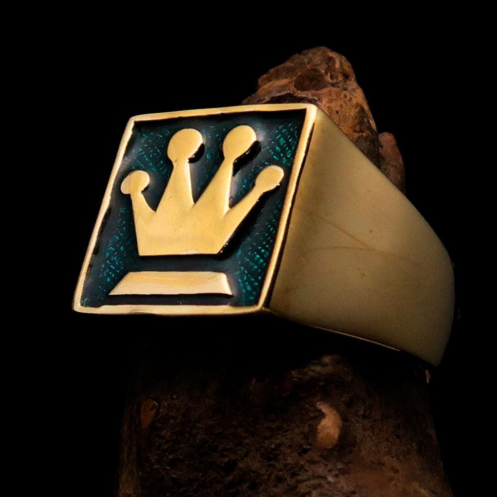 Men's Chess Player Ring featuring a Queen's Crown design with blue enamel, crafted from solid brass.