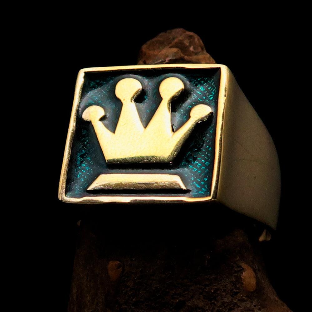 Men's Chess Player Ring featuring a Queen's Crown design with blue enamel, crafted from solid brass.