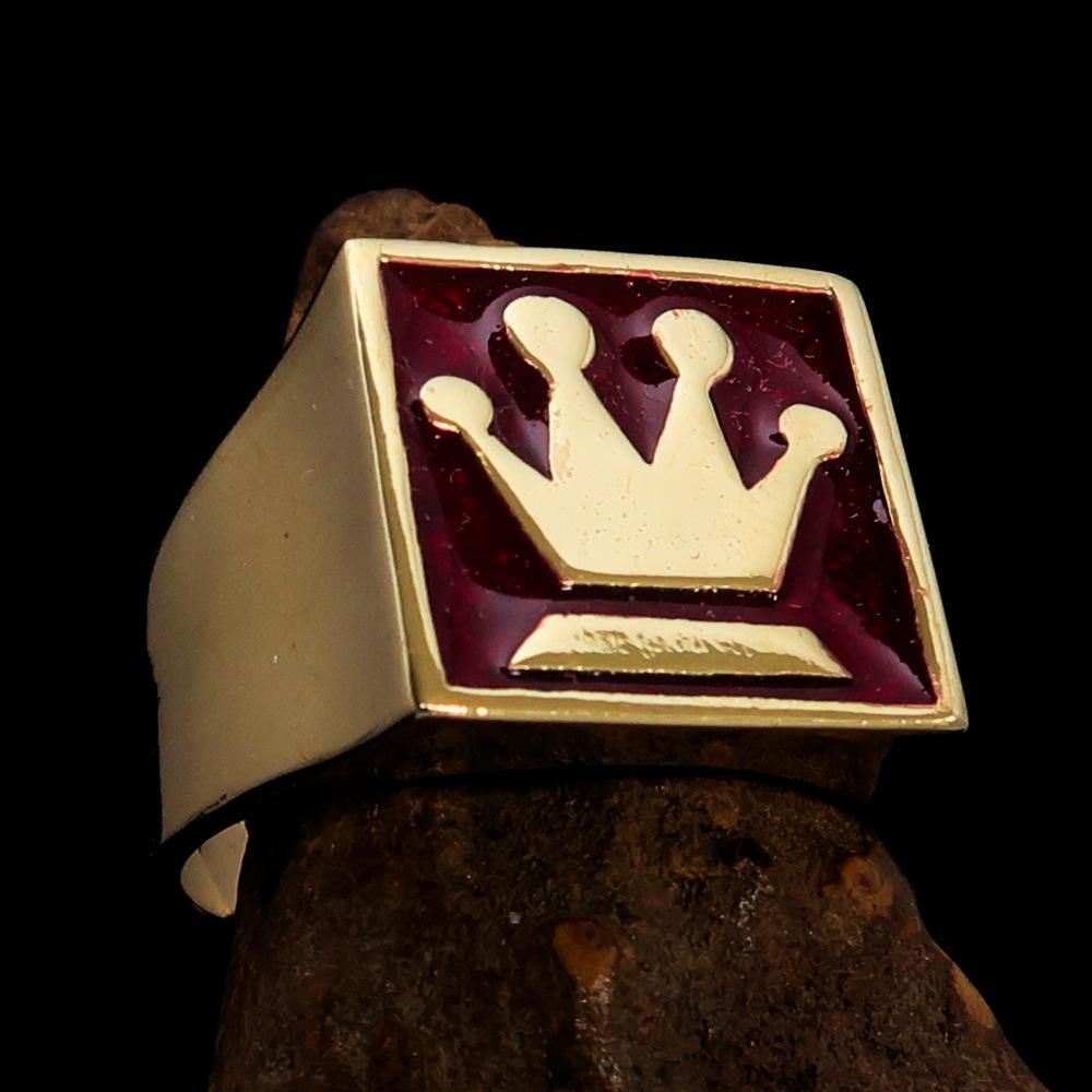 Men's Chess Player Ring featuring a Queen's Crown design in solid brass with high polished red enamel finish.