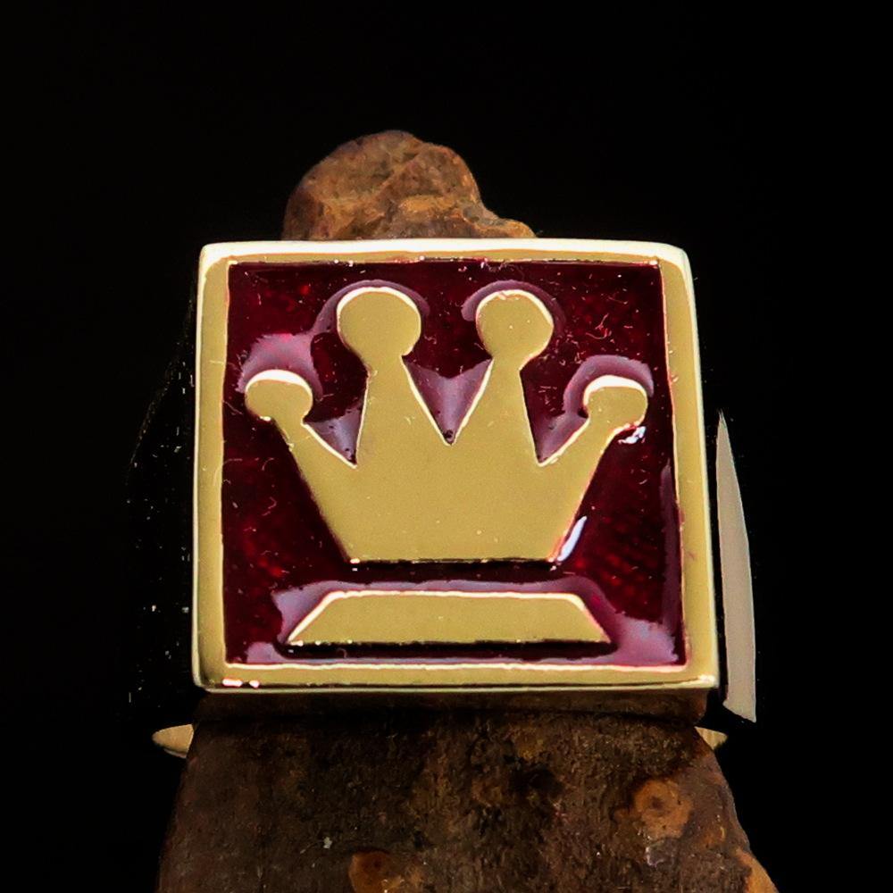 Men's Chess Player Ring featuring a Queen's Crown design in solid brass with high polished red enamel finish.