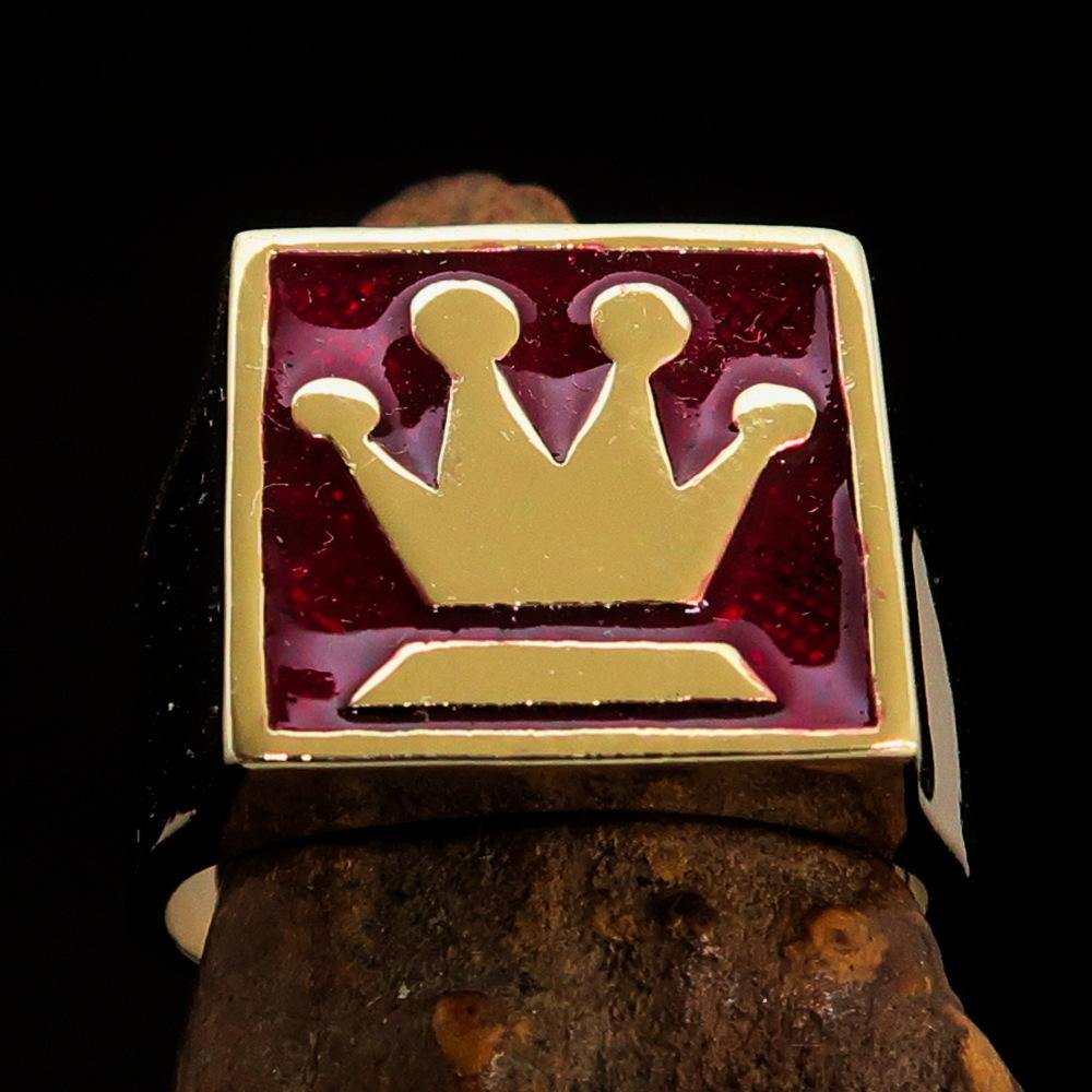 Men's Chess Player Ring featuring a Queen's Crown design in solid brass with high polished red enamel finish.