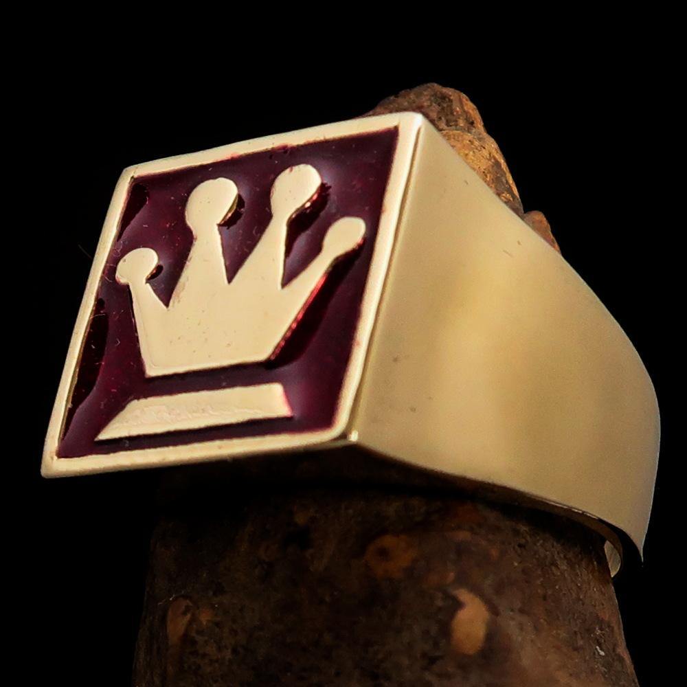 Men's Chess Player Ring featuring a Queen's Crown design in solid brass with high polished red enamel finish.