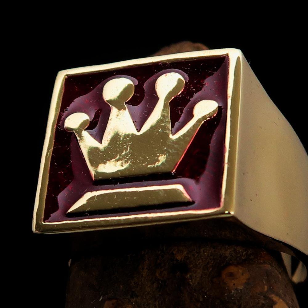 Men's Chess Player Ring featuring a Queen's Crown design in solid brass with high polished red enamel finish.