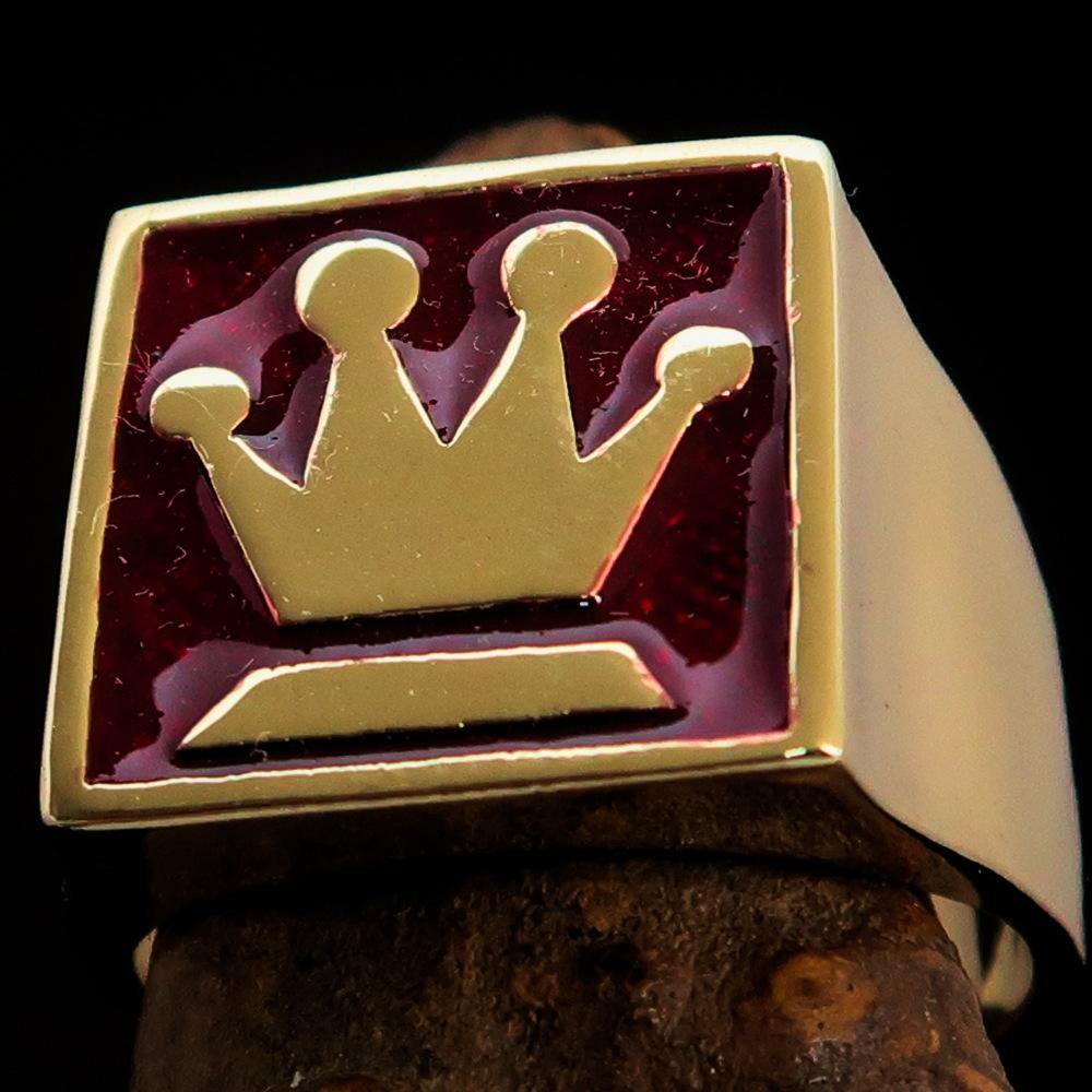 Men's Chess Player Ring featuring a Queen's Crown design in solid brass with high polished red enamel finish.