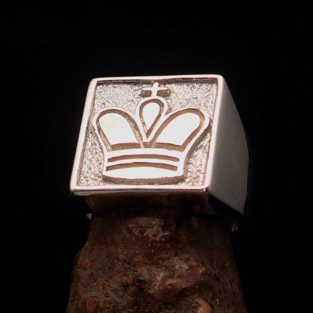 Men's Chess Player Ring featuring a two-tone matte finish and King's crown design, crafted from solid sterling silver.