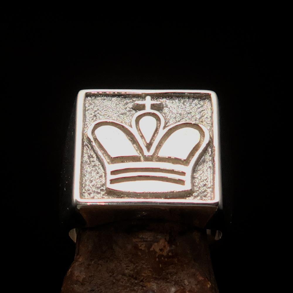 Men's Chess Player Ring featuring a two-tone matte finish and King's crown design, crafted from solid sterling silver.