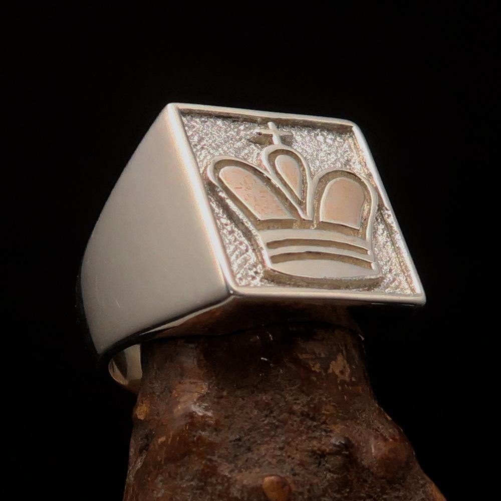 Men's Chess Player Ring featuring a two-tone matte finish and King's crown design, crafted from solid sterling silver.