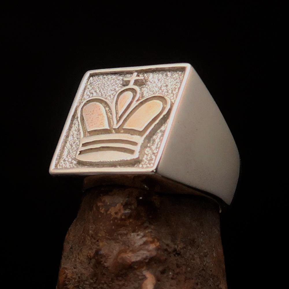 Men's Chess Player Ring featuring a two-tone matte finish and King's crown design, crafted from solid sterling silver.