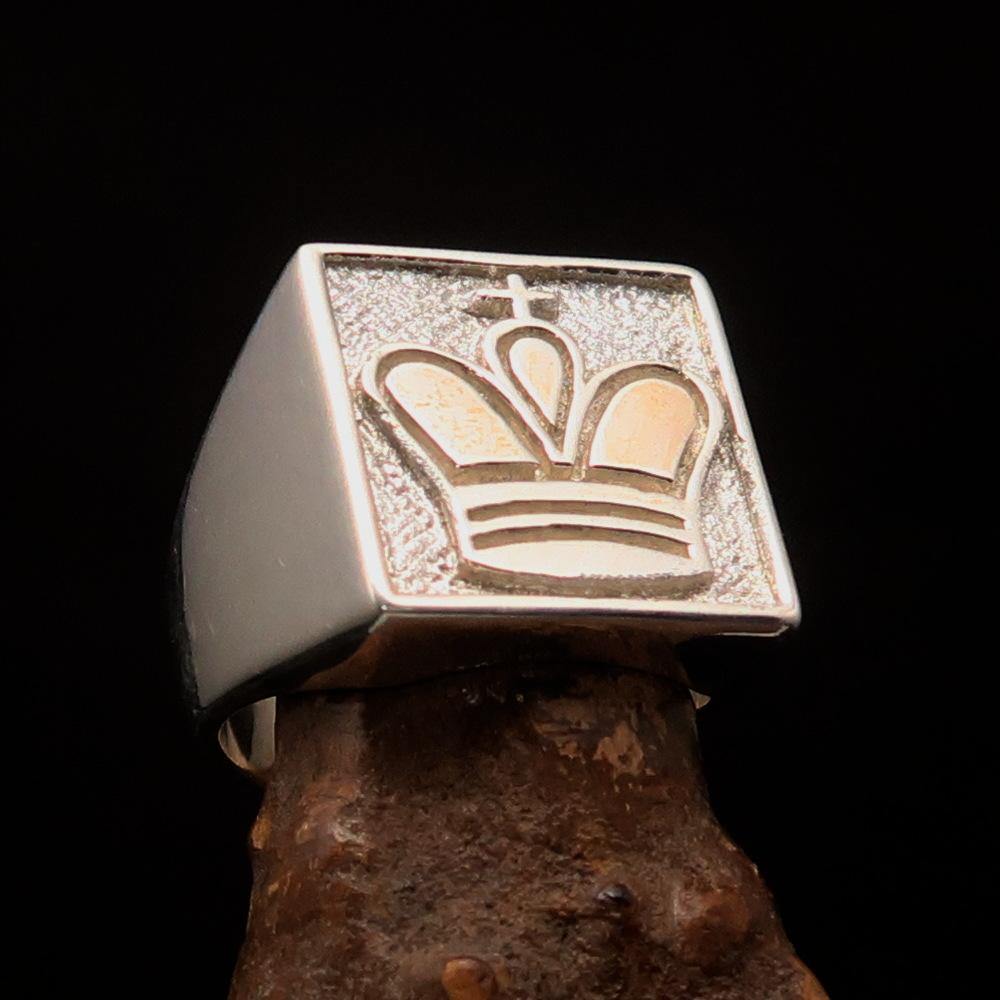 Men's Chess Player Ring featuring a two-tone matte finish and King's crown design, crafted from solid sterling silver.