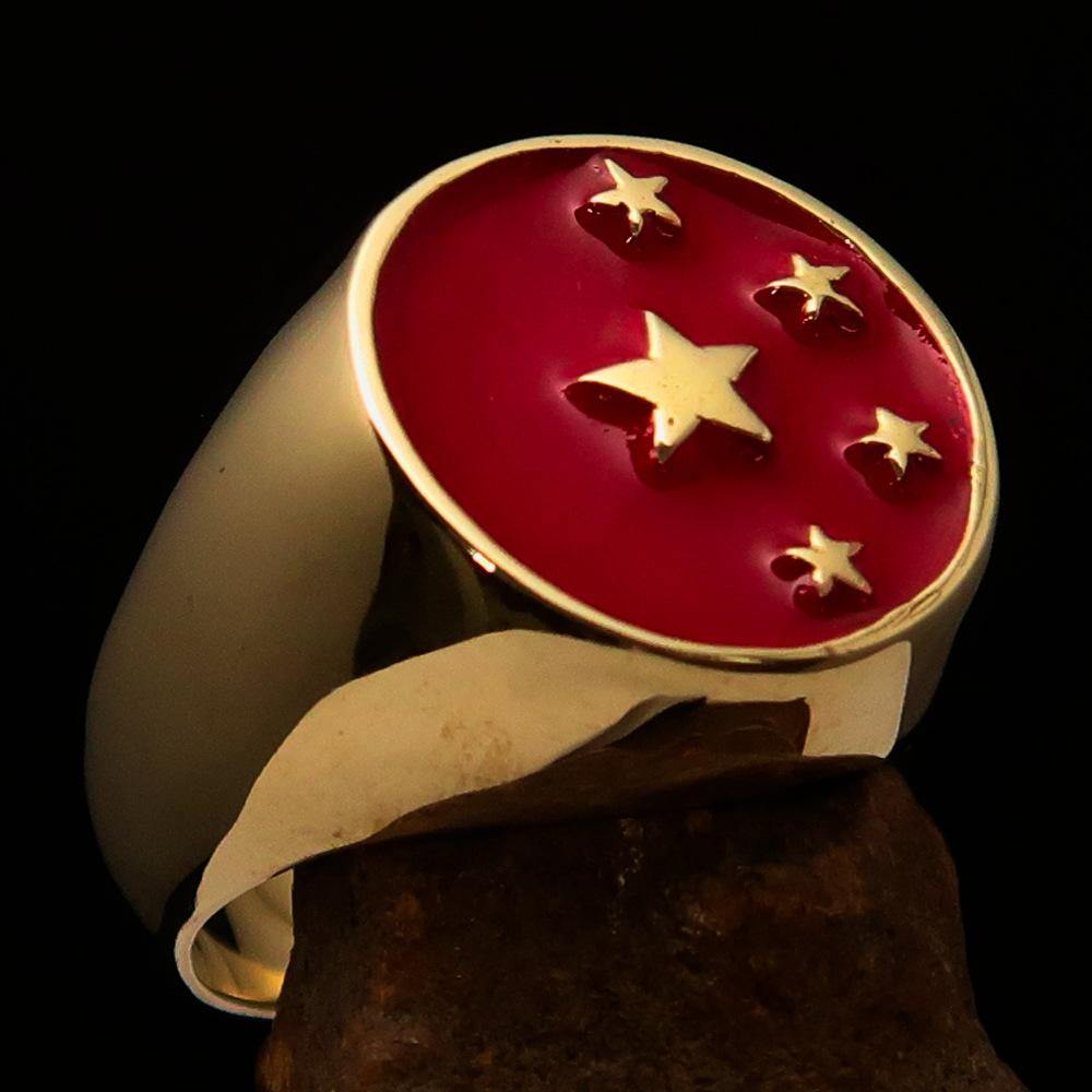 Men's Chinese Flag Ring made of solid brass with high polished red enamel finish, showcasing its unique design and craftsmanship.