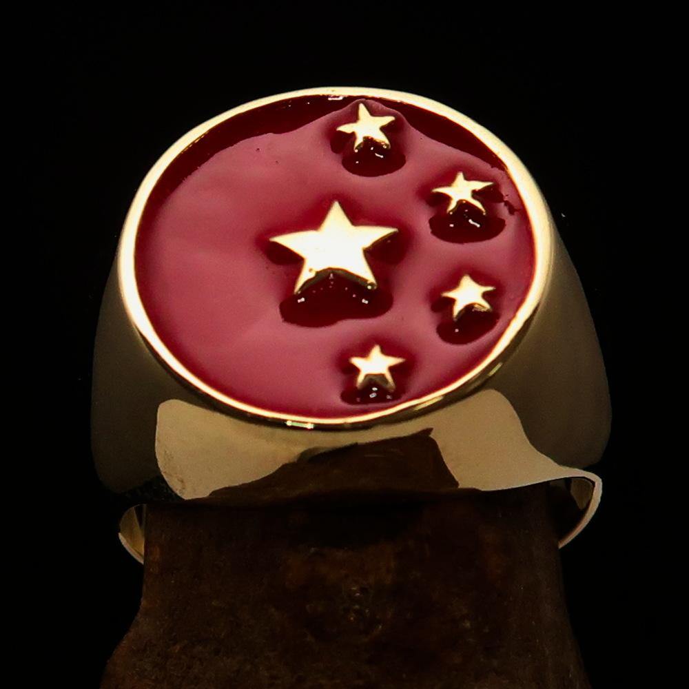 Men's Chinese Flag Ring made of solid brass with high polished red enamel finish, showcasing its unique design and craftsmanship.