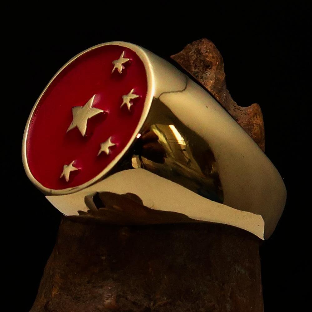 Men's Chinese Flag Ring made of solid brass with high polished red enamel finish, showcasing its unique design and craftsmanship.