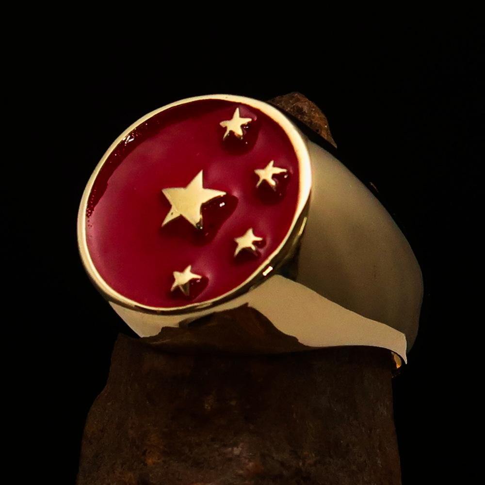 Men's Chinese Flag Ring made of solid brass with high polished red enamel finish, showcasing its unique design and craftsmanship.