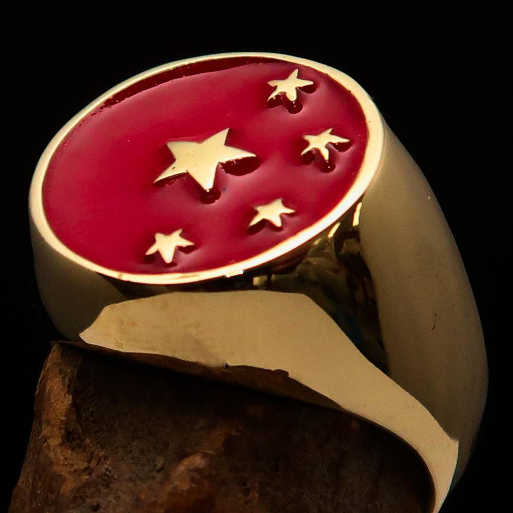 Men's Chinese Flag Ring made of solid brass with high polished red enamel finish, showcasing its unique design and craftsmanship.