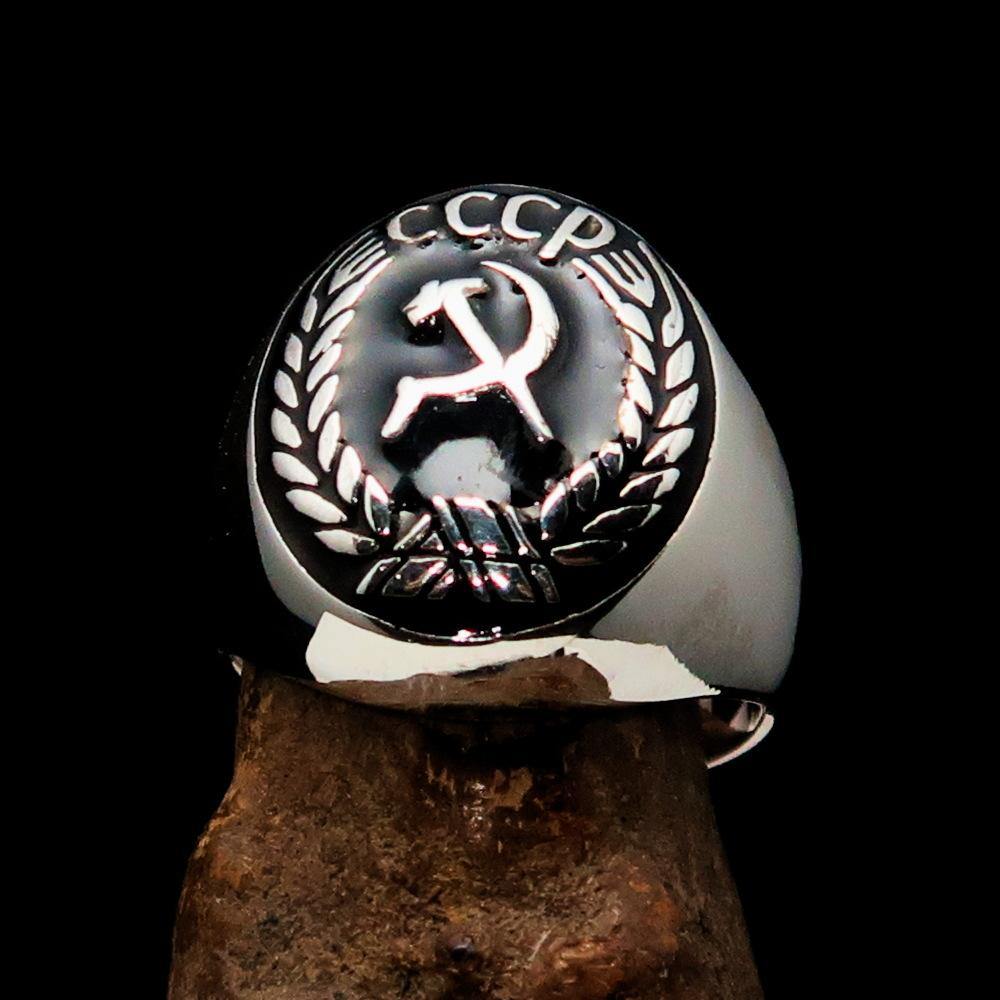 Men's Communist Ring featuring Hammer and Sickle Crest in solid sterling silver with black enamel finish, showcasing a polished design.