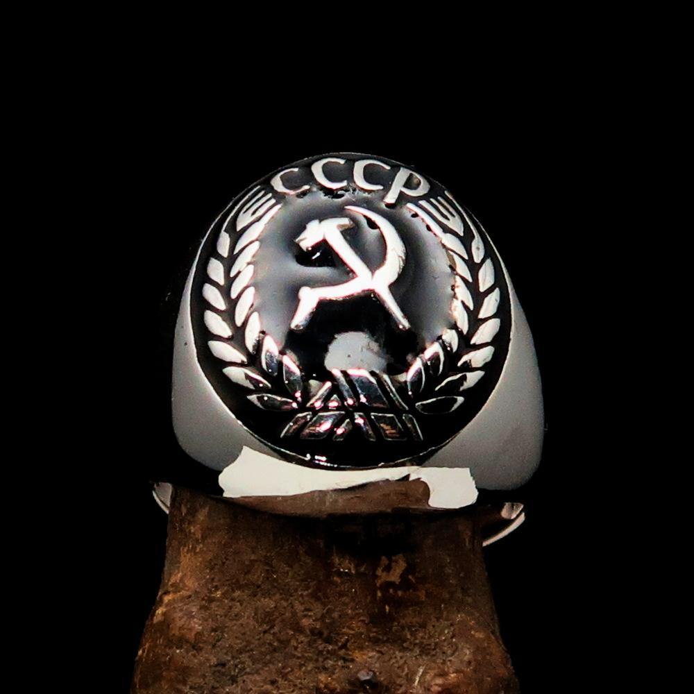 Men's Communist Ring featuring Hammer and Sickle Crest in solid sterling silver with black enamel finish, showcasing a polished design.