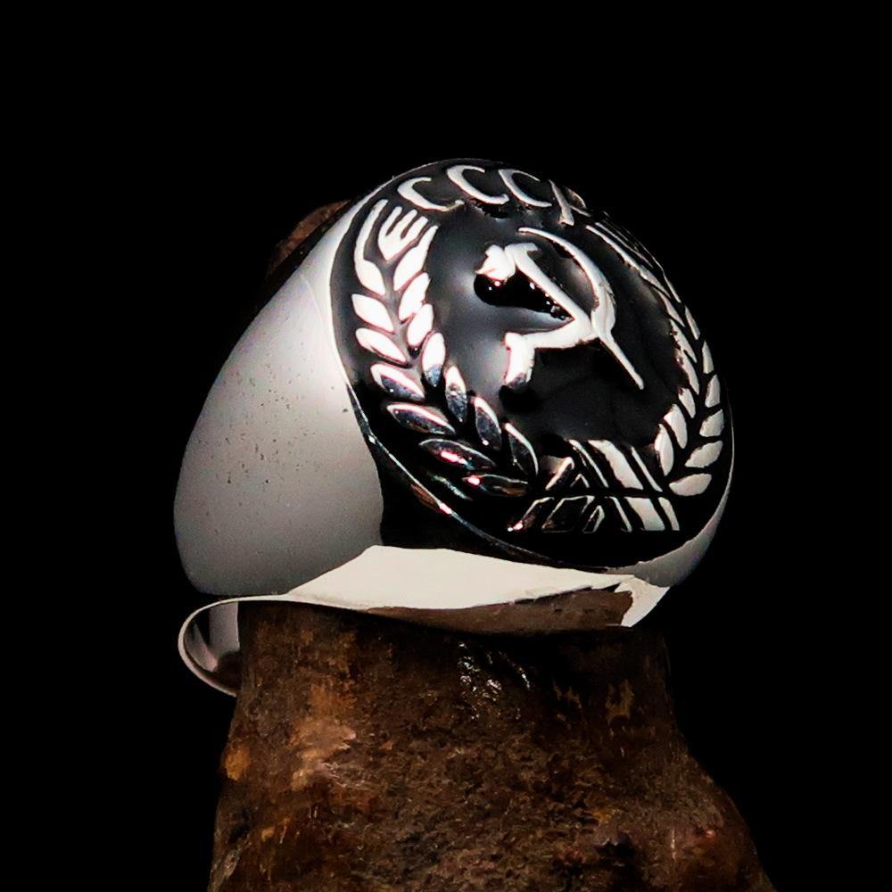 Men's Communist Ring featuring Hammer and Sickle Crest in solid sterling silver with black enamel finish, showcasing a polished design.