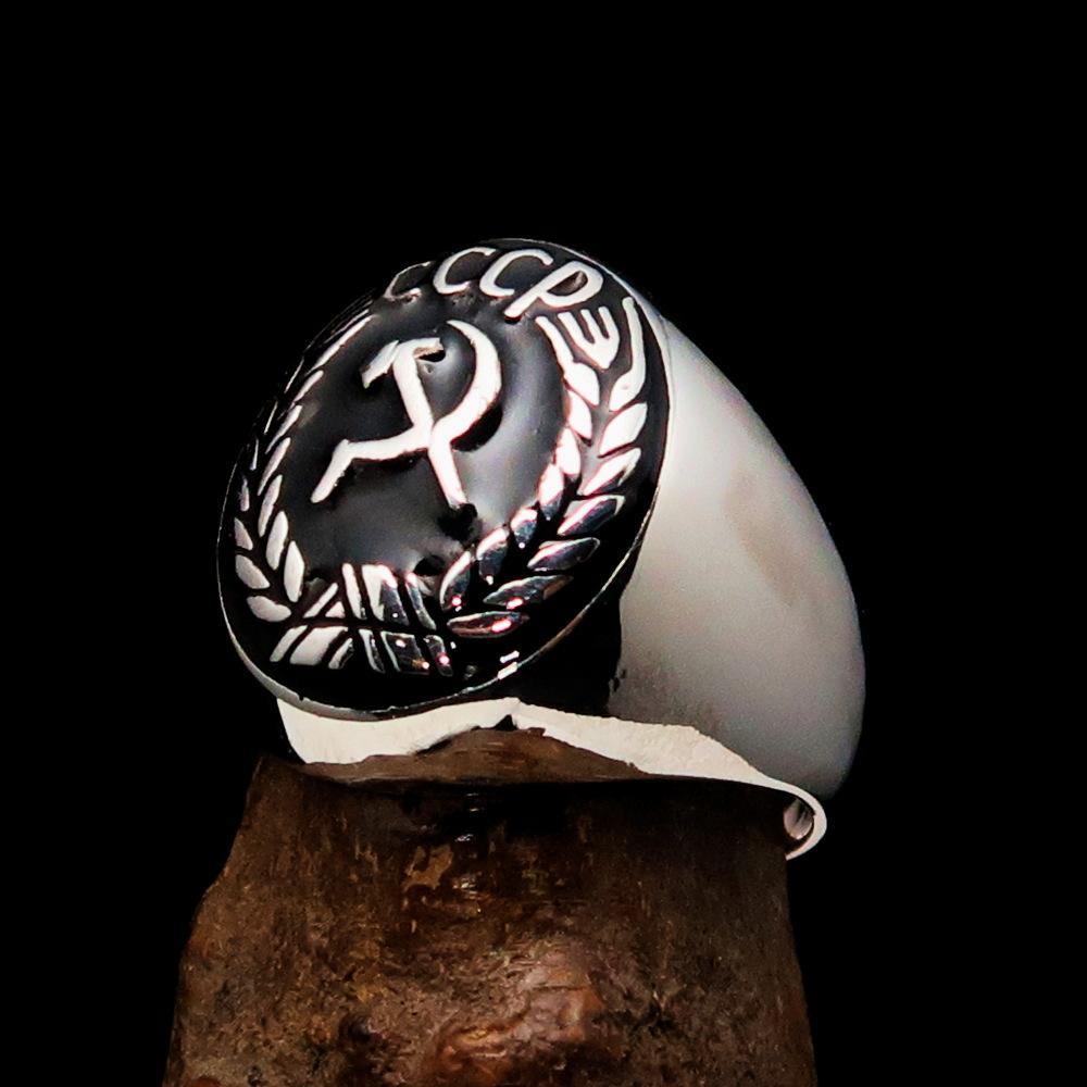 Men's Communist Ring featuring Hammer and Sickle Crest in solid sterling silver with black enamel finish, showcasing a polished design.