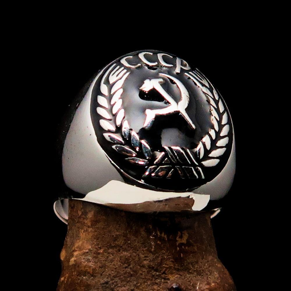 Men's Communist Ring featuring Hammer and Sickle Crest in solid sterling silver with black enamel finish, showcasing a polished design.