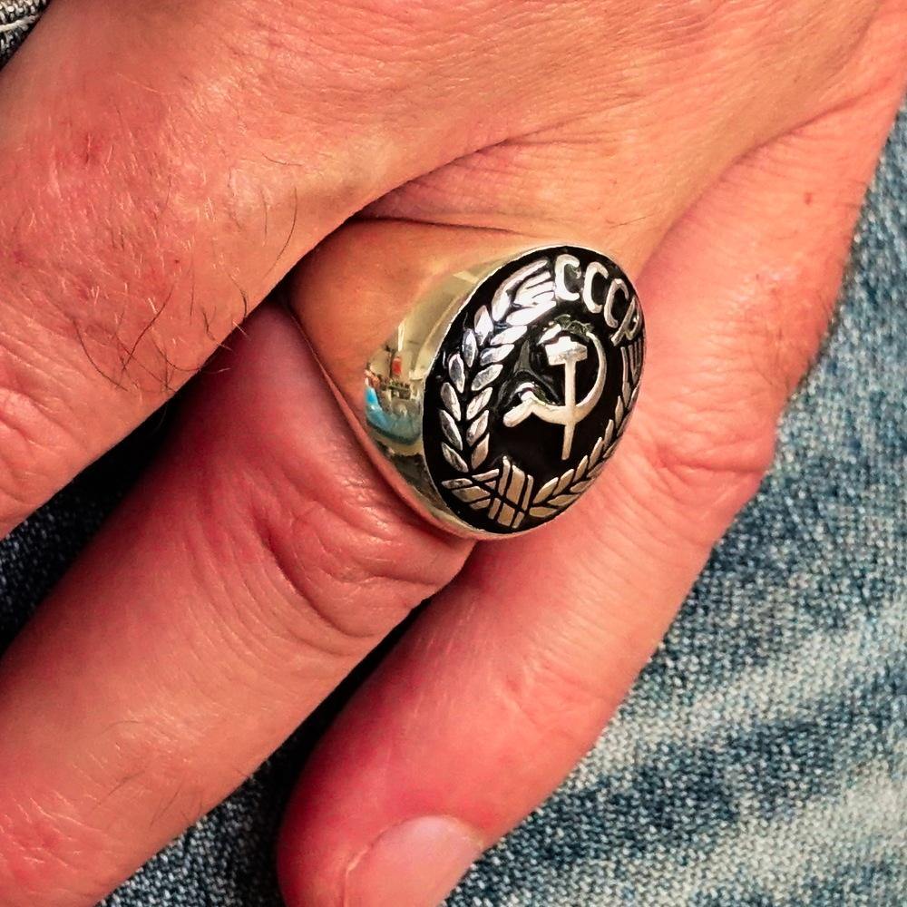 Men's Communist Ring featuring Hammer and Sickle Crest in solid sterling silver with black enamel finish, showcasing a polished design.