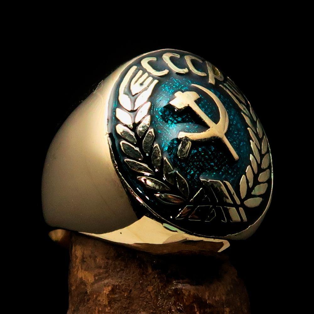 Men's Communist Ring featuring Hammer and Sickle Crest in blue enamel, crafted from solid brass with a polished finish.