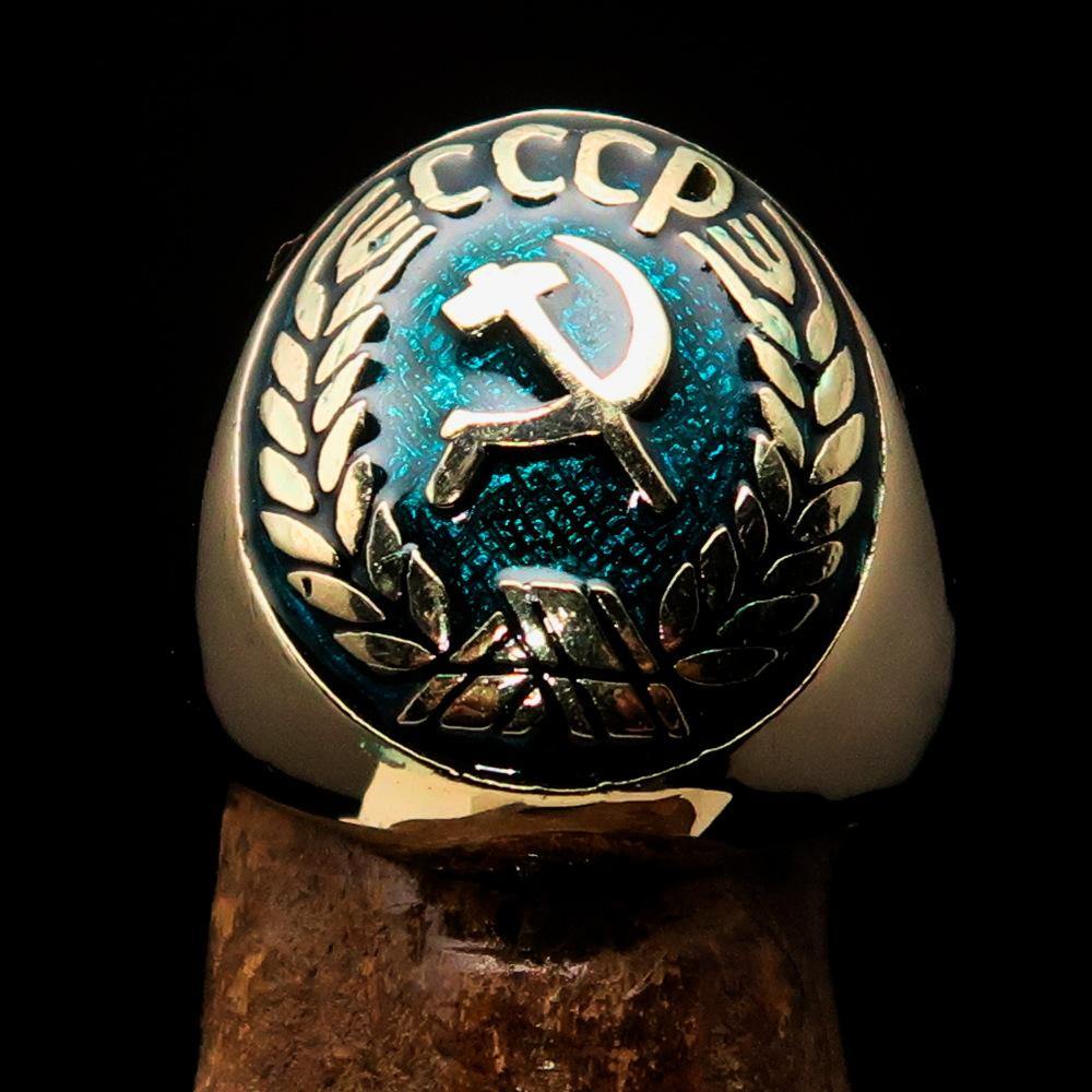 Men's Communist Ring featuring Hammer and Sickle Crest in blue enamel, crafted from solid brass with a polished finish.