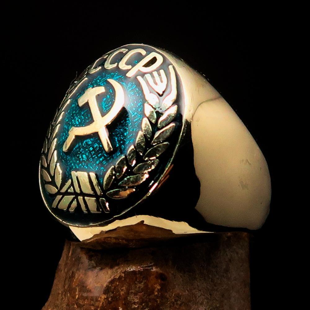 Men's Communist Ring featuring Hammer and Sickle Crest in blue enamel, crafted from solid brass with a polished finish.