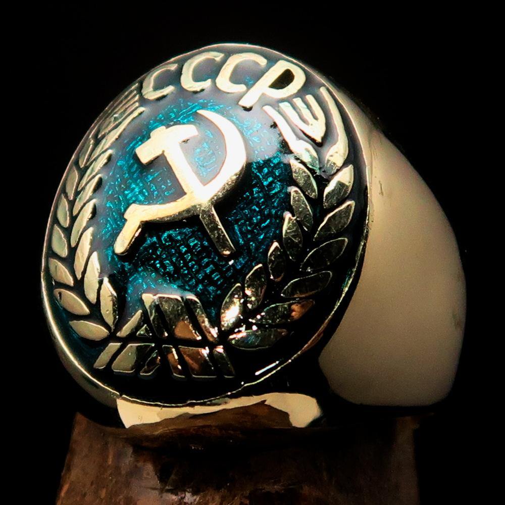 Men's Communist Ring featuring Hammer and Sickle Crest in blue enamel, crafted from solid brass with a polished finish.