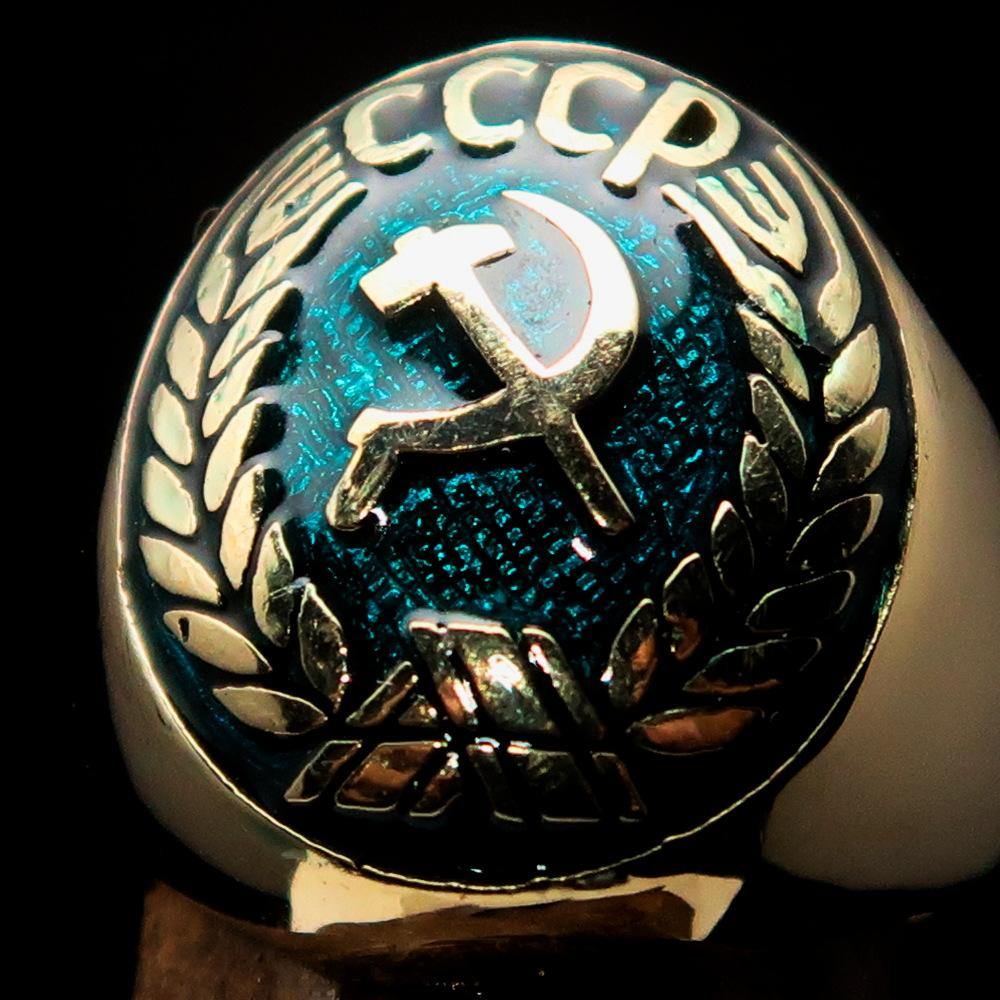 Men's Communist Ring featuring Hammer and Sickle Crest in blue enamel, crafted from solid brass with a polished finish.