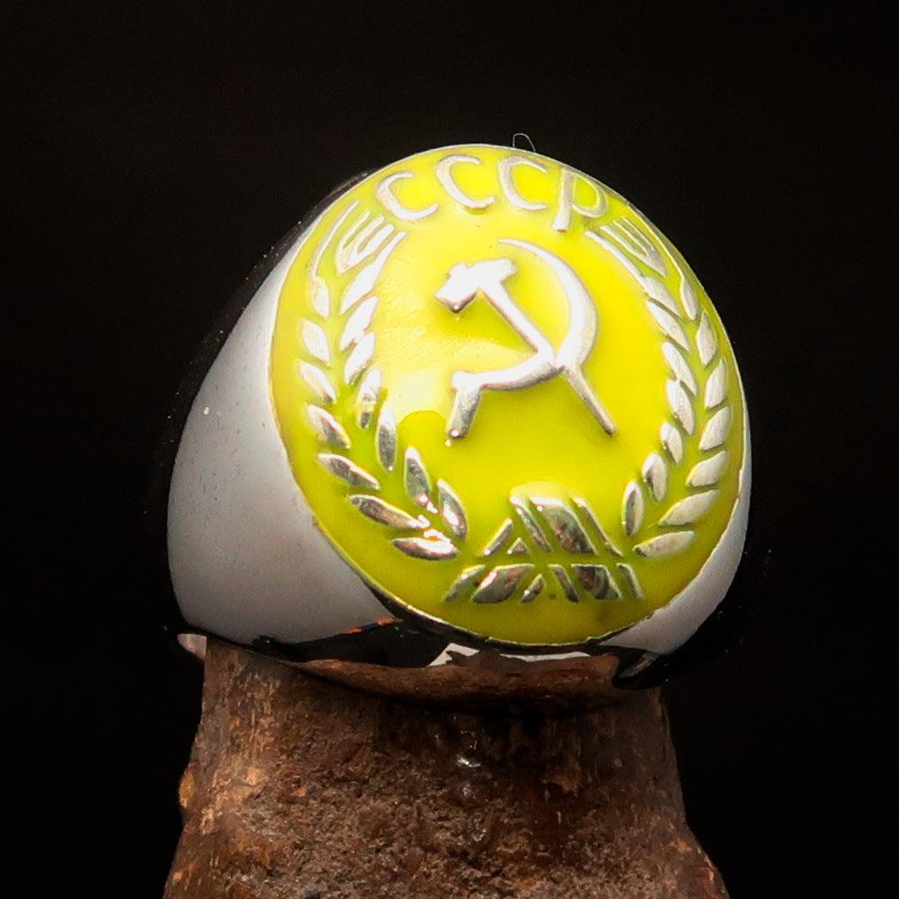 Men's Communist Ring made of solid sterling silver with a yellow Hammer and Sickle Crest, showcasing high polish and detailed craftsmanship.