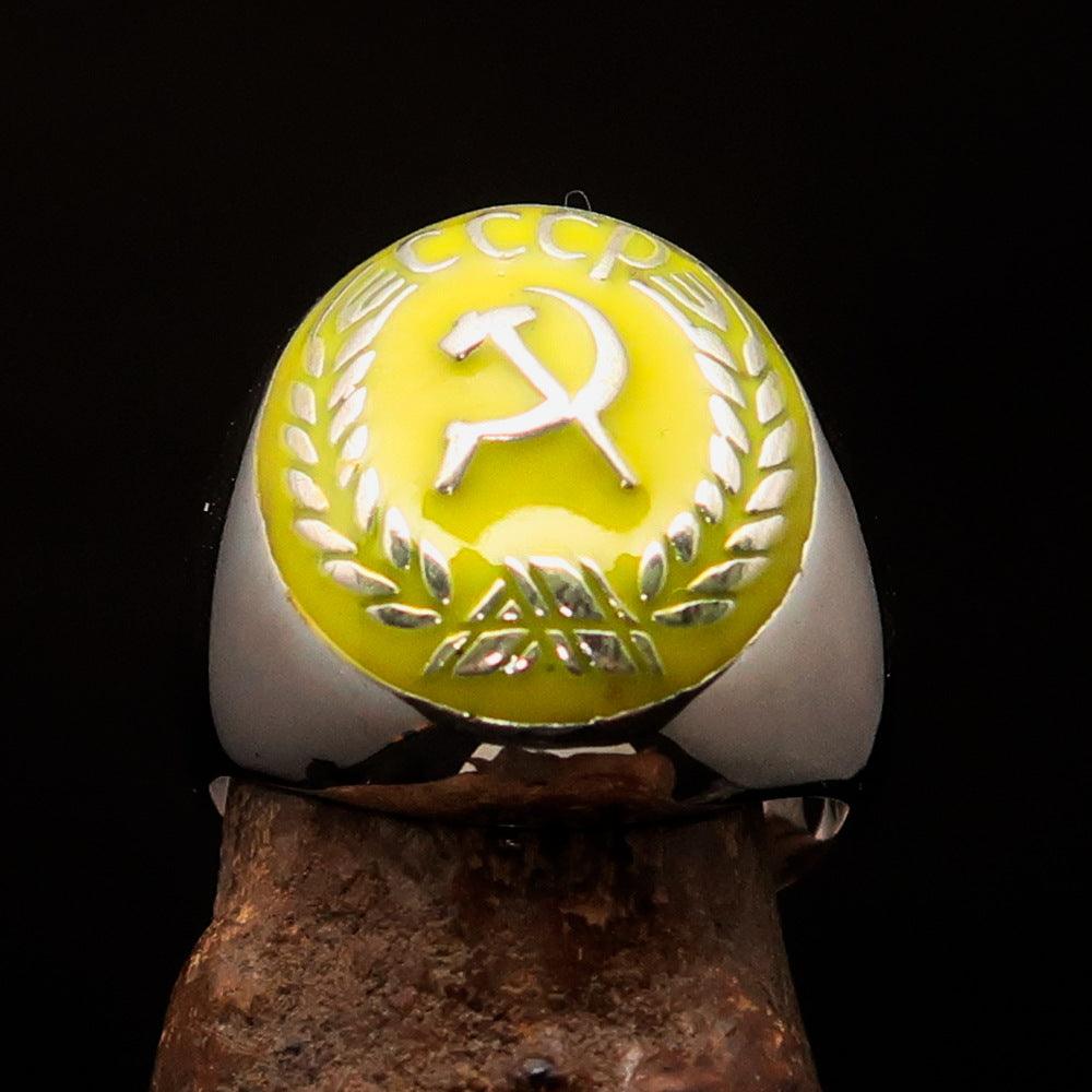 Men's Communist Ring made of solid sterling silver with a yellow Hammer and Sickle Crest, showcasing high polish and detailed craftsmanship.