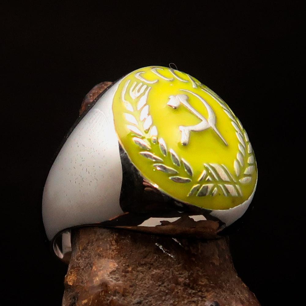 Men's Communist Ring made of solid sterling silver with a yellow Hammer and Sickle Crest, showcasing high polish and detailed craftsmanship.