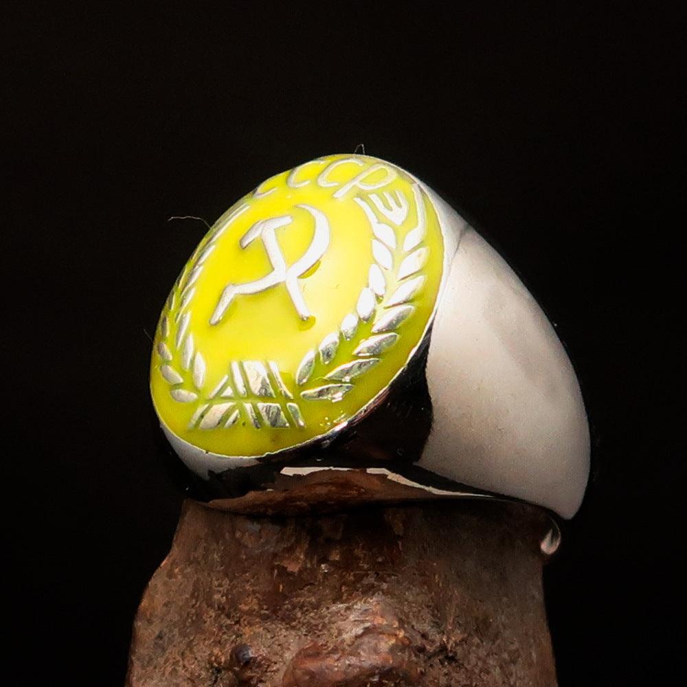 Men's Communist Ring made of solid sterling silver with a yellow Hammer and Sickle Crest, showcasing high polish and detailed craftsmanship.