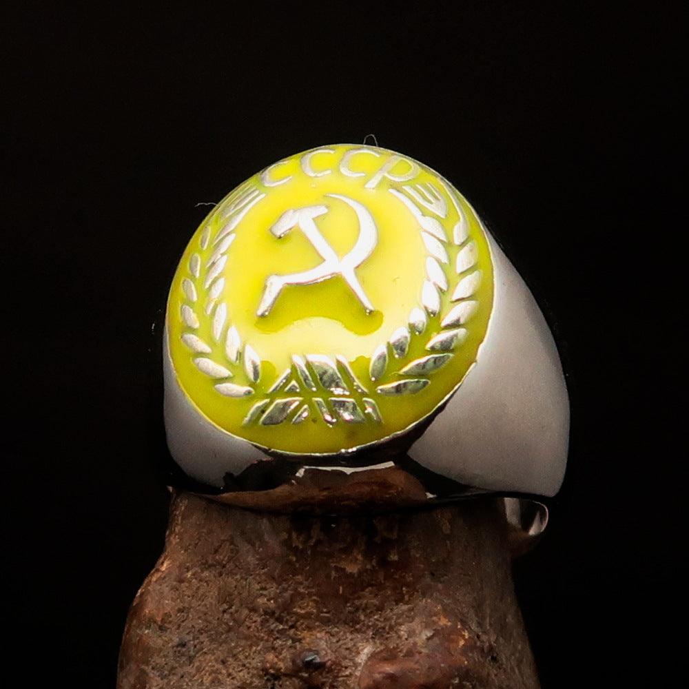 Men's Communist Ring made of solid sterling silver with a yellow Hammer and Sickle Crest, showcasing high polish and detailed craftsmanship.