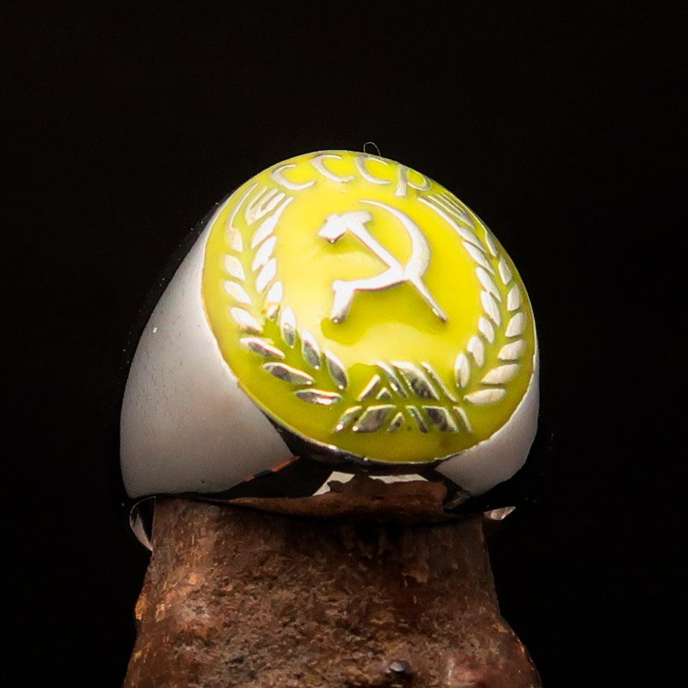 Men's Communist Ring made of solid sterling silver with a yellow Hammer and Sickle Crest, showcasing high polish and detailed craftsmanship.