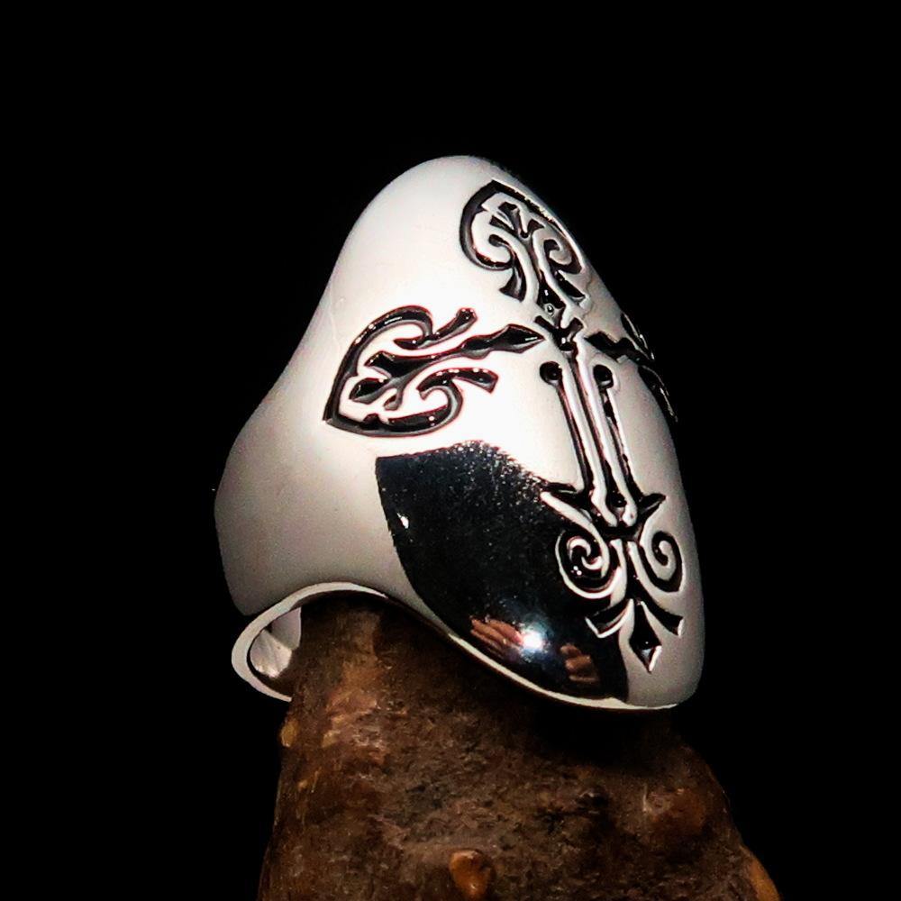 Men's Coptic Cross Ring made of solid sterling silver with black enamel, showcasing a high-polished finish and unique design.