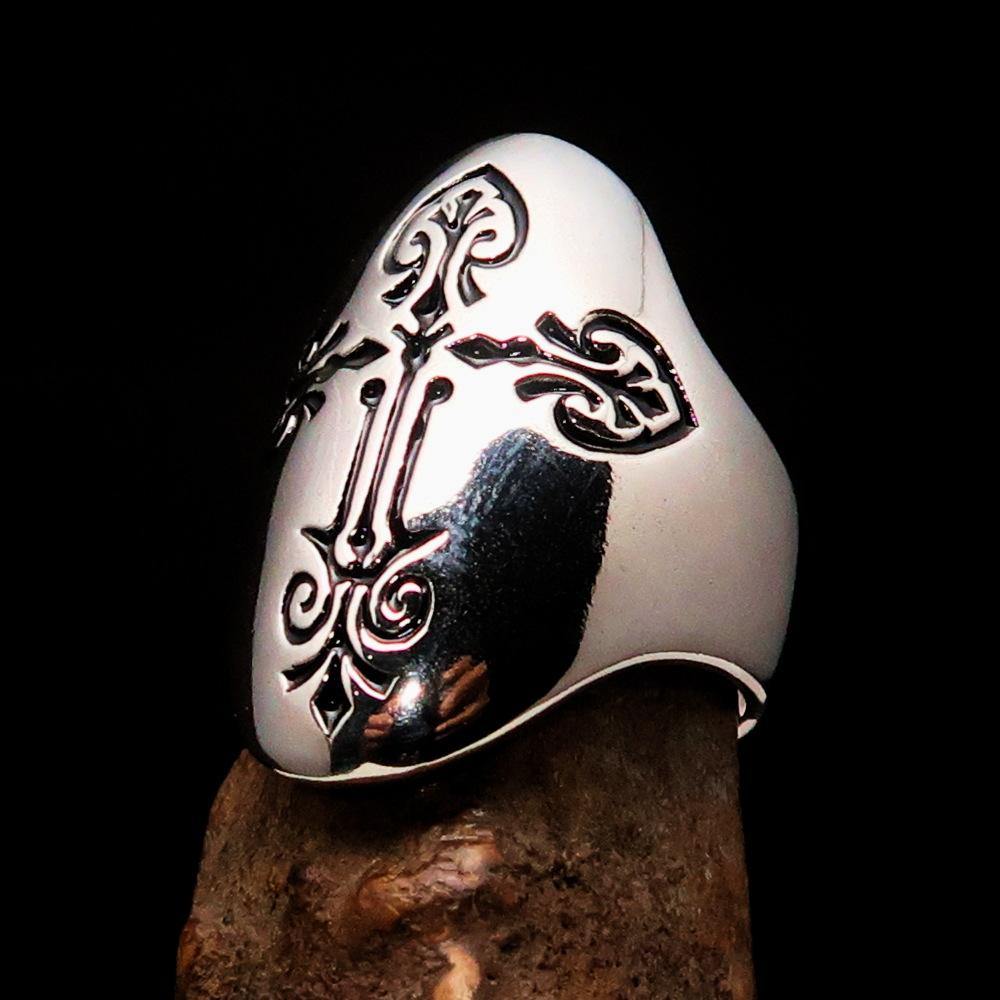 Men's Coptic Cross Ring made of solid sterling silver with black enamel, showcasing a high-polished finish and unique design.