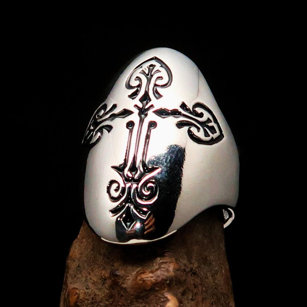 Men's Coptic Cross Ring made of solid sterling silver with black enamel, showcasing a high-polished finish and unique design.