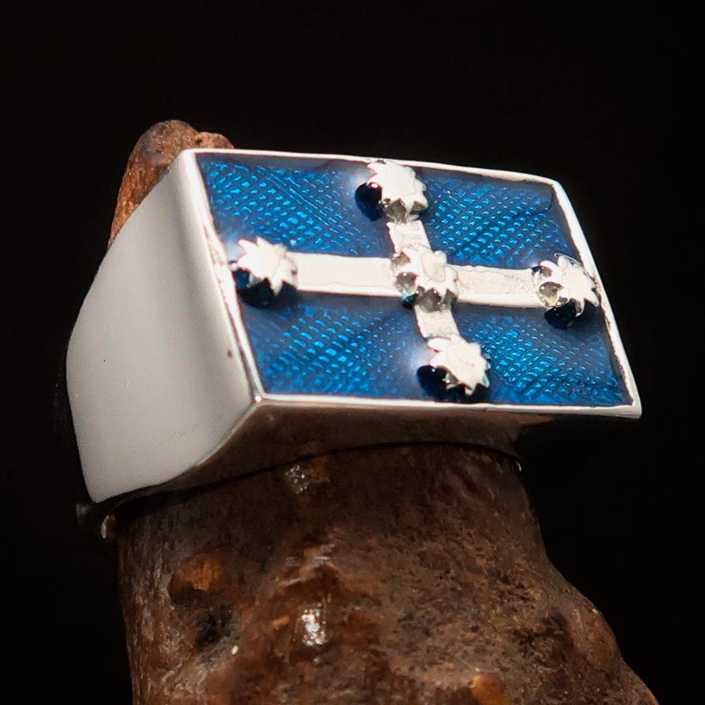 Men's Eureka Flag Ring made of solid sterling silver with blue enamel, showcasing a high-polished finish and hallmarked 925.