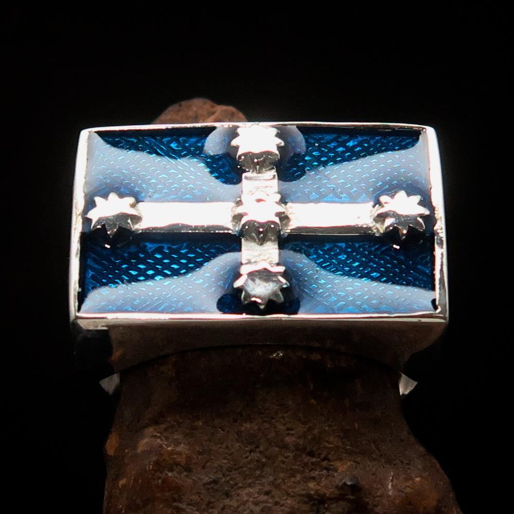 Men's Eureka Flag Ring made of solid sterling silver with blue enamel, showcasing a high-polished finish and hallmarked 925.