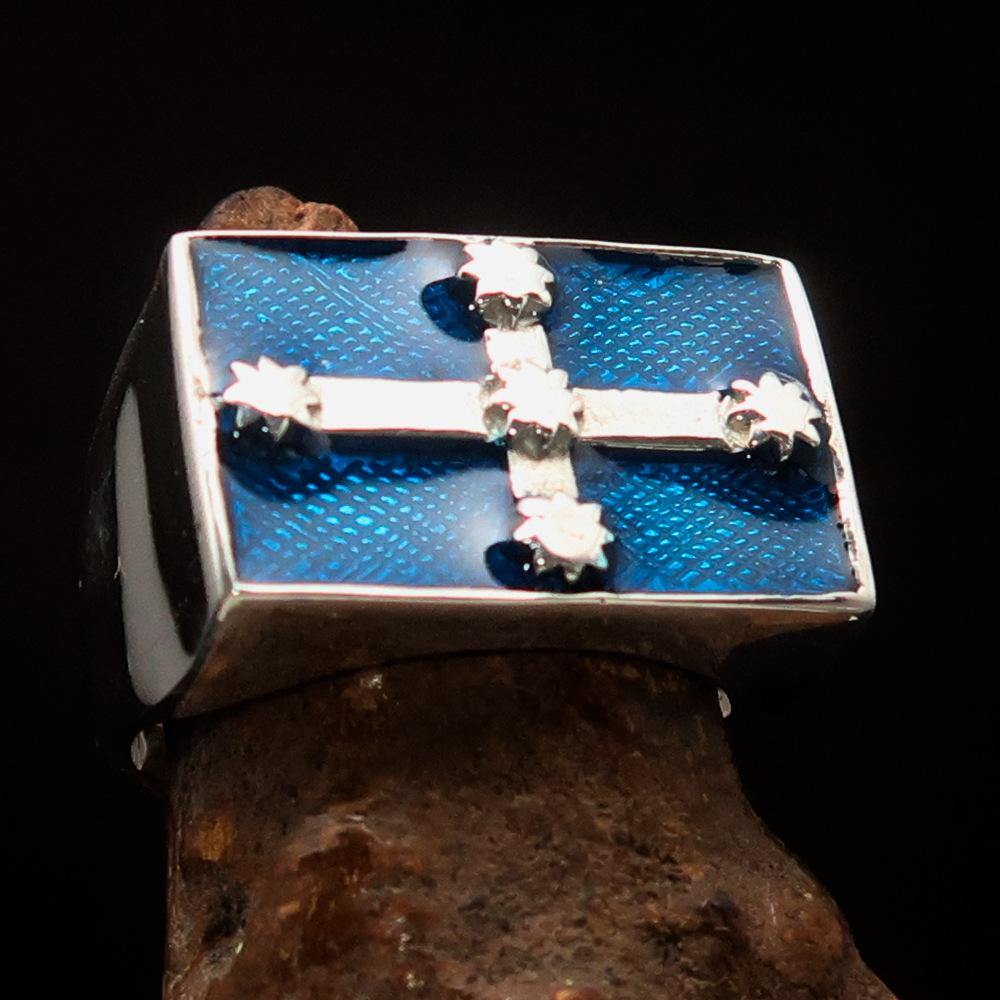 Men's Eureka Flag Ring made of solid sterling silver with blue enamel, showcasing a high-polished finish and hallmarked 925.