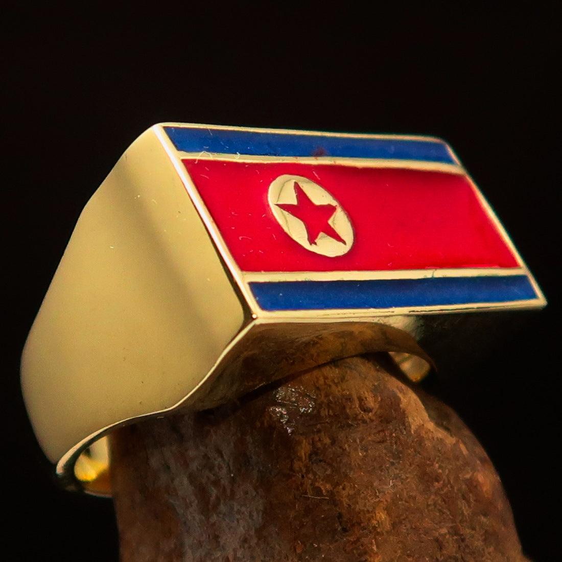 Men's Flag Ring featuring the North Korean flag, crafted from solid brass with high polish and red and blue enamel.