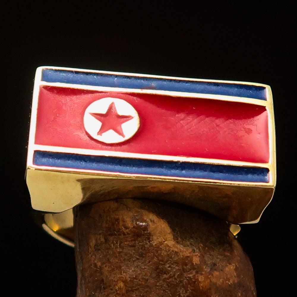 Men's Flag Ring featuring the North Korean flag, crafted from solid brass with high polish and red and blue enamel.