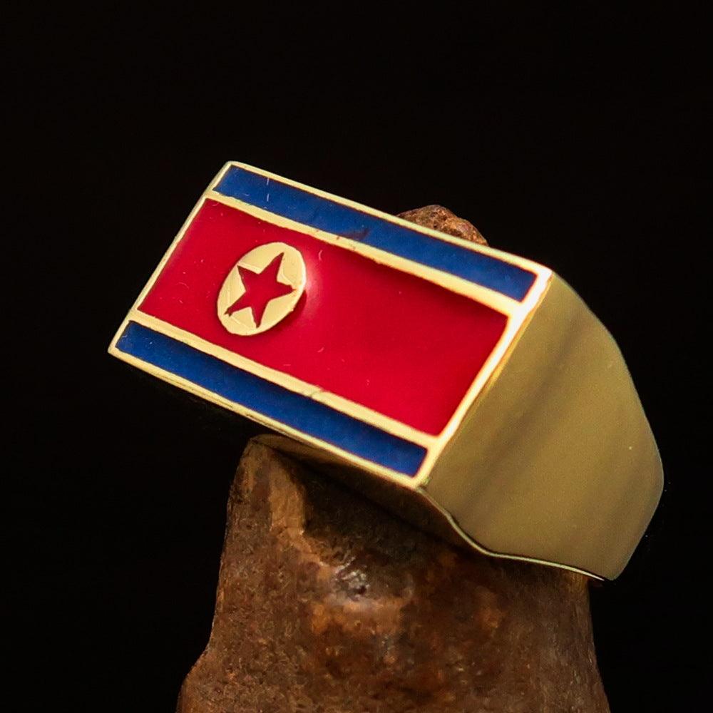 Men's Flag Ring featuring the North Korean flag, crafted from solid brass with high polish and red and blue enamel.