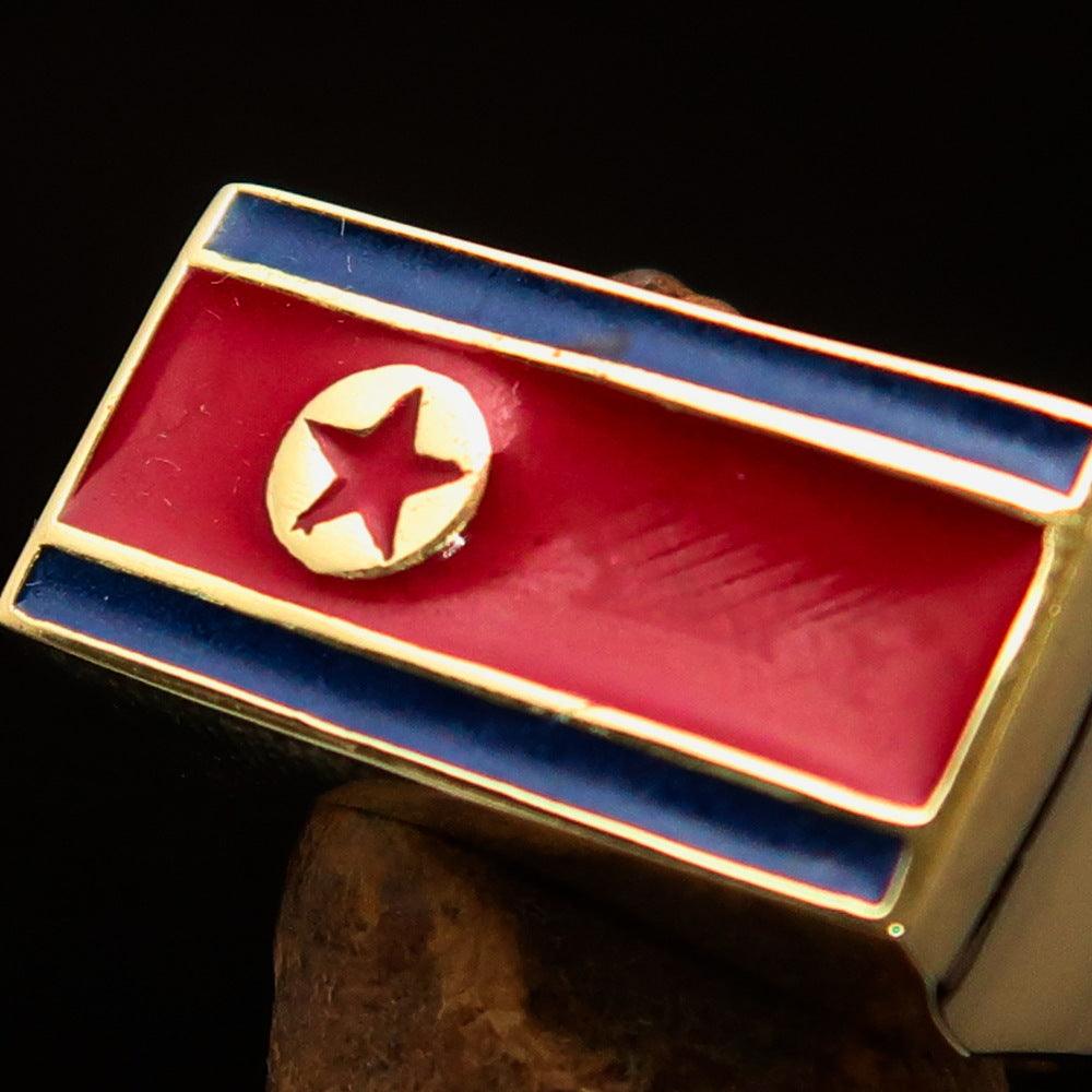 Men's Flag Ring featuring the North Korean flag, crafted from solid brass with high polish and red and blue enamel.