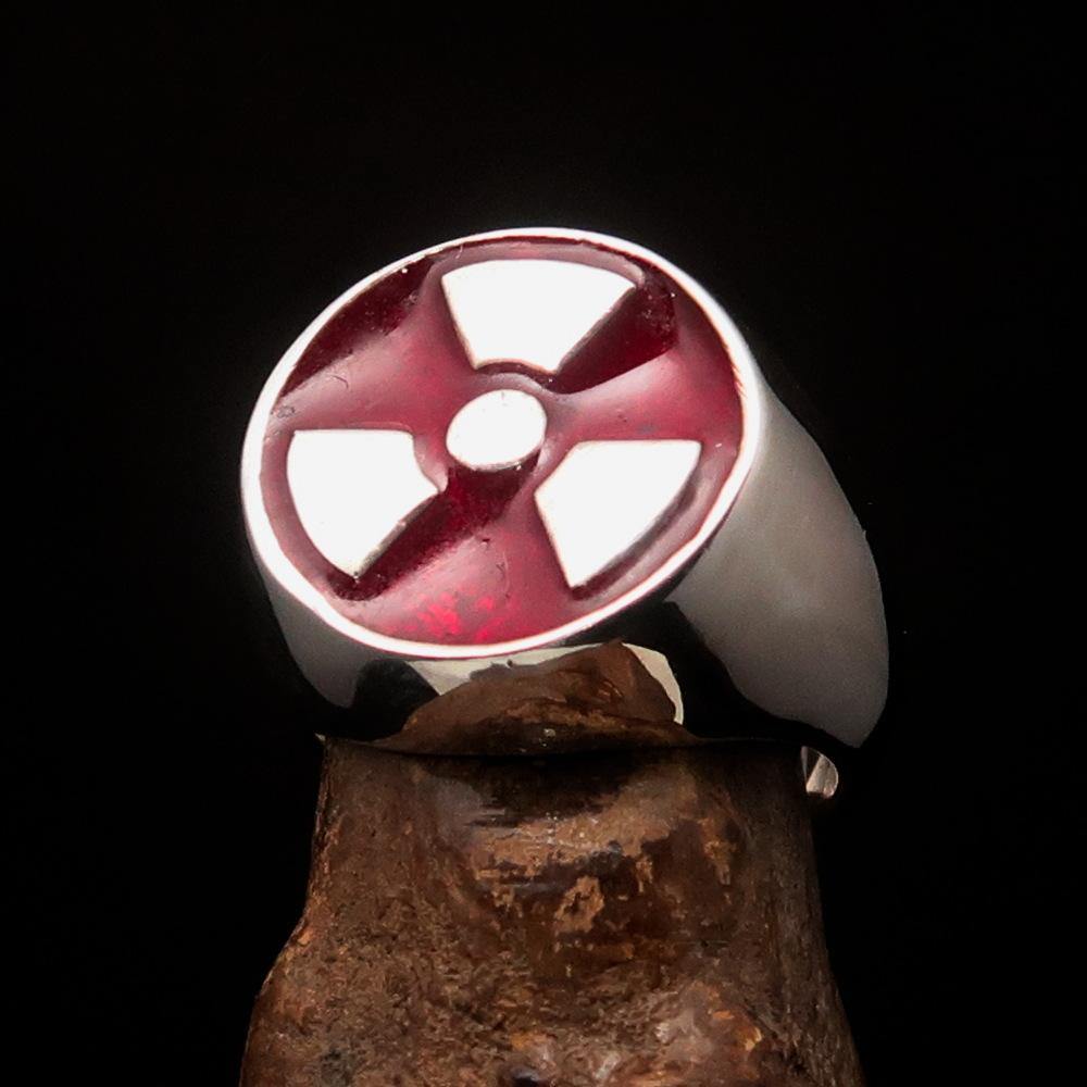 Men's Gamer Ring in sterling silver featuring a red enamel radioactive symbol, showcasing its polished finish and unique design.