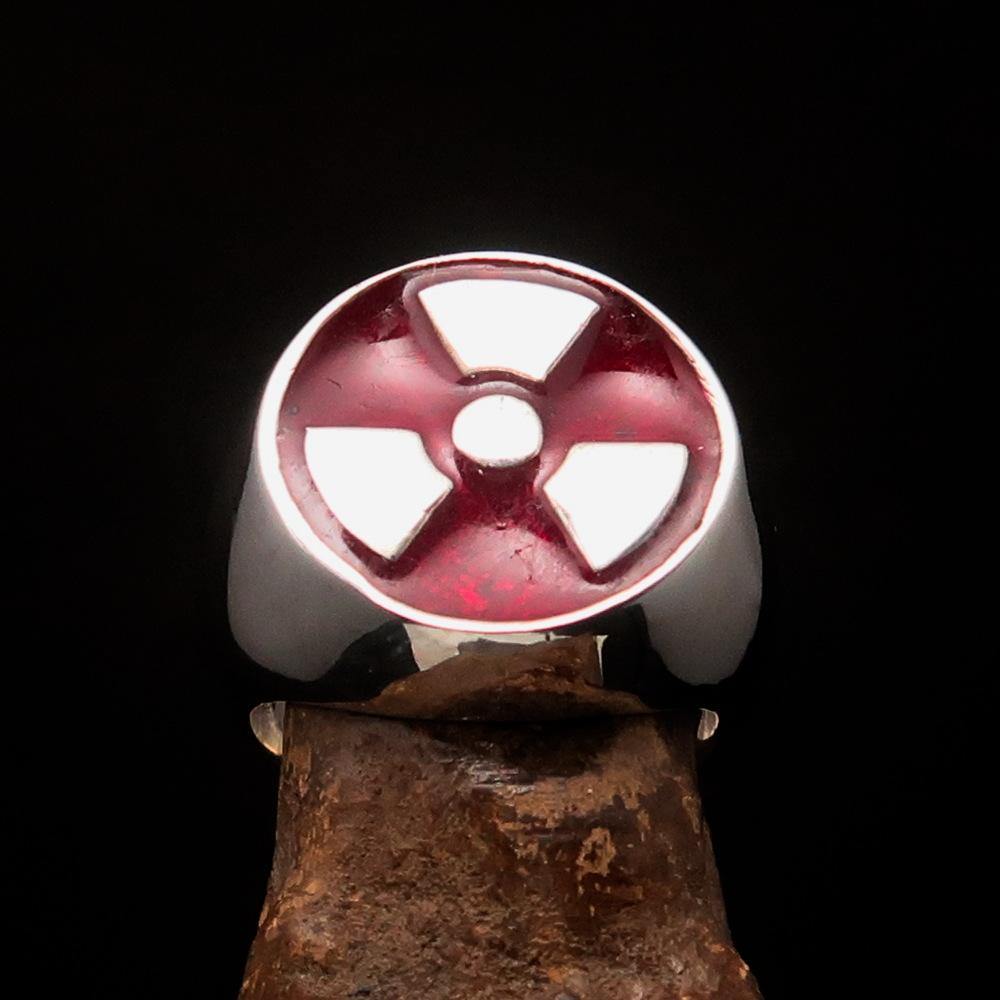 Men's Gamer Ring in sterling silver featuring a red enamel radioactive symbol, showcasing its polished finish and unique design.