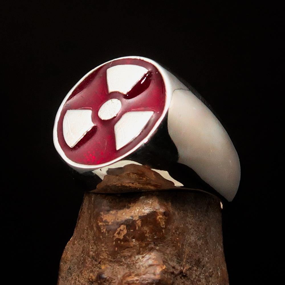 Men's Gamer Ring in sterling silver featuring a red enamel radioactive symbol, showcasing its polished finish and unique design.